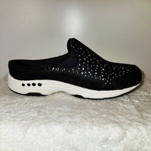 NIB EASY SPIRIT BLACK SLIP-ONS 6B MICRO-FIBER WITH CLEAR CRYSTAL EMBELLISHMENTS